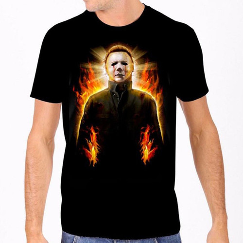 Michael Myers Halloween II Fire Flames Collage Black Tee Shirt Cult Classic Goth Michael Myers Halloween II Fire Flames Collage Black Tee Shirt Cult Classic Goth