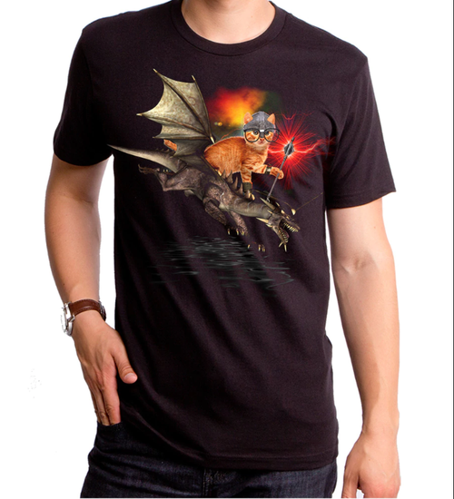 Viking Kitty Cat Riding Dragon Rider of Purr Space Men's Tee Shirt GT7403-501BLK