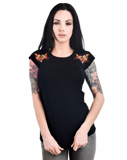 Too Fast Dame Top Stay Creepy Cat Flames Punk Gothic Biker Rock Womens Shirt Too Fast Dame Top Stay Creepy Cat Flames Punk Gothic Biker Rock Womens Shirt