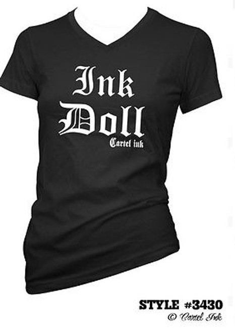 CARTEL INK BLACK INK DOLL TATTOOS TATS GOTH PUNK JUNIORS V NECK TEE SHIRT S-3XL
