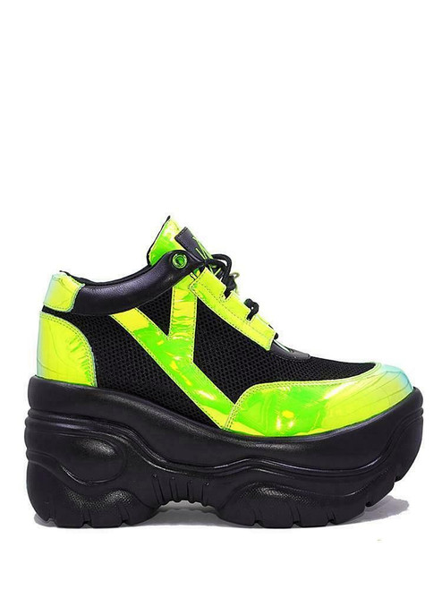 YRU Matrixx Black Green Holographic Goth Punk Raver Platforms Trainers Sneakers YRU Matrixx Black Green Holographic Goth Punk Raver Platforms Trainers Sneakers