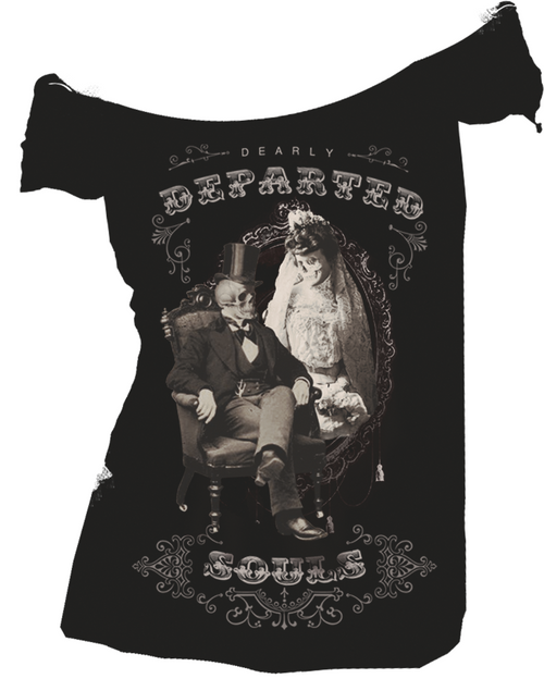 Se7en Deadly Dearly Departed Victorian Skeletons Off Shoulder T Shirt 2032-OS Se7en Deadly Dearly Departed Victorian Skeletons Off Shoulder T Shirt 2032-OS