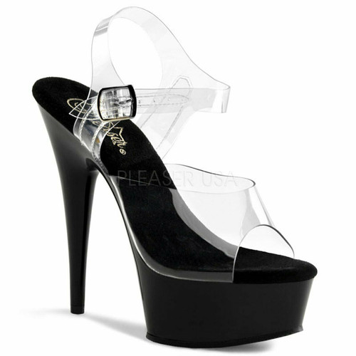 Pleaser Exotic Dancing Sexy Black Clear Sandal Platform Shoe 6" Heel Delight-608