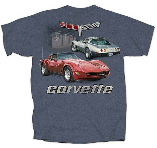 GM 2 Corvettes With Garage Chevrolet Stingray Classic Cars T Shirt CV2VG-U GM 2 Corvettes With Garage Chevrolet Stingray Classic Cars T Shirt CV2VG-U