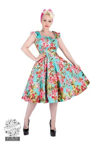 H&R London Blue Lagoon Floral Flowers Rockabilly Pinup 50s Swing