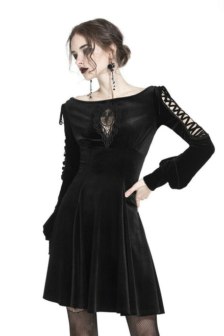 Gothic lace-up velvet midi dress DW224 M / Black