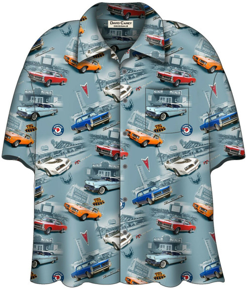 David Carey Pontiac General Motors Cars Camp Hawaiian Button Down Shirt 48747 David Carey Pontiac General Motors Cars Camp Hawaiian Button Down Shirt 48747
