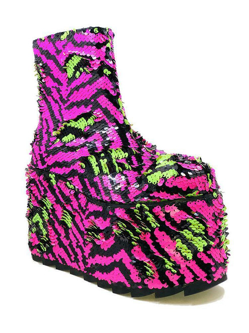YRU Qomet Zebra Stripe Sequins Green Punk Gothic Rave Punk Platforms Boots Shoes YRU Qomet Zebra Stripe Sequins Green Punk Gothic Rave Punk Platforms Boots Shoes