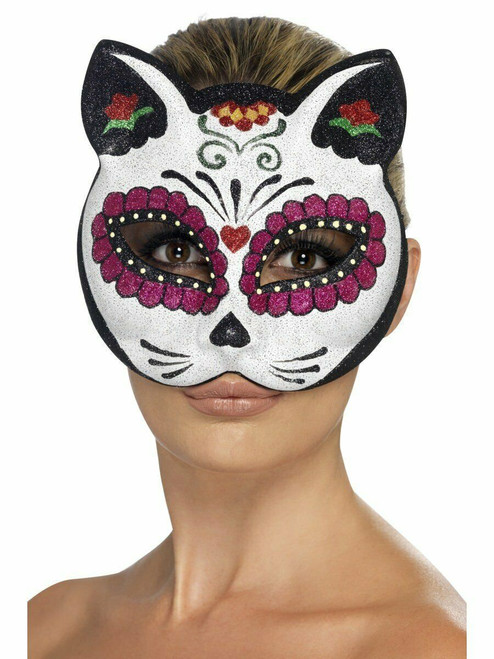 Smiffys Sugar Skull Cat Glitter Eyemask Adult Halloween Costume Accessory 45219