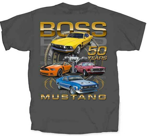 Ford Mustang Boss 50 Years Vintage Cars Automobiles Hot Rods T Shirt FMB50-GY Ford Mustang Boss 50 Years Vintage Cars Automobiles Hot Rods T Shirt FMB50-GY