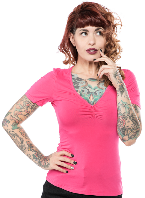 Sourpuss Ramona Magenta Rockabilly Tattoos Gothic V Neck Top Shirt SPTOP129 Sourpuss Ramona Magenta Rockabilly Tattoos Gothic V Neck Top Shirt SPTOP129