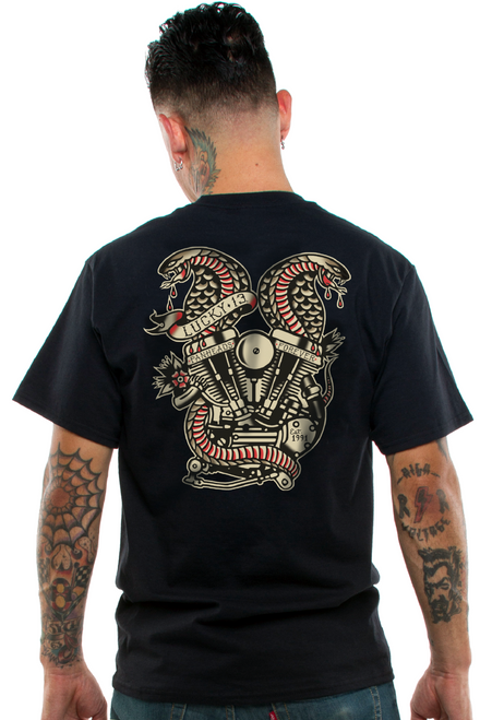 Lucky 13 Twin Cobras Snakes Motorcycle Engine Panheads Tattoos T Shirt LM1000TW Lucky 13 Twin Cobras Snakes Motorcycle Engine Panheads Tattoos T Shirt LM1000TW
