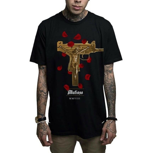 Mafioso Uzi Prayers Crucifix Jesus Guns Rose Petals Gangster Urban Black T  Shirt