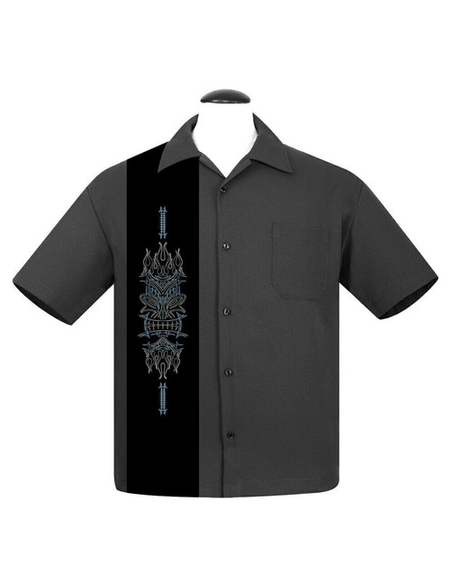 Steady Clothing Pinstripe Tiki Panel Rockabilly Grey Button Down Shirt ST35468 Steady Clothing Pinstripe Tiki Panel Rockabilly Grey Button Down Shirt ST35468