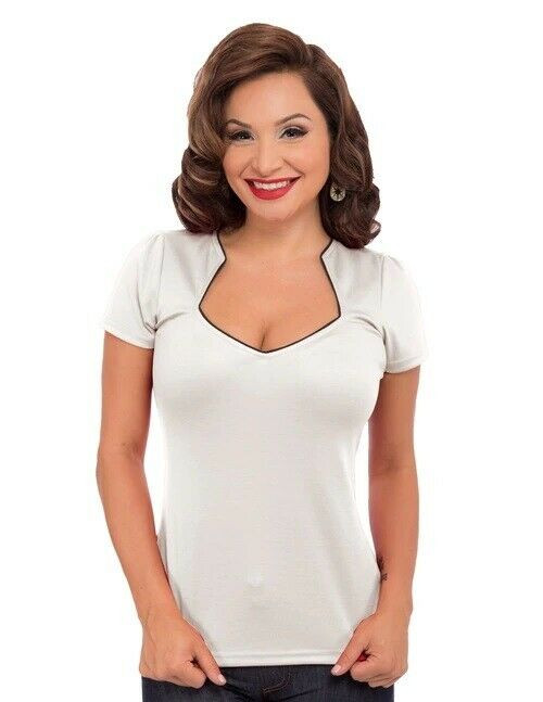 Steady Clothing Piped Sophia Rockabilly Retro Pinup Ivory Top Blouse RS57444