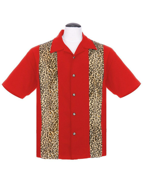 Steady Clothing Leopard Panel Red Rockabilly Bowling Button Down Shirt ST35320 Steady Clothing Leopard Panel Red Rockabilly Bowling Button Down Shirt ST35320