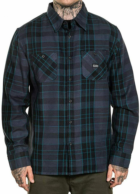 Sullen Electric Blue Grey Plaid Urban Tattoos Flannel Button Down Shirt SCM3114 Sullen Electric Blue Grey Plaid Urban Tattoos Flannel Button Down Shirt SCM3114