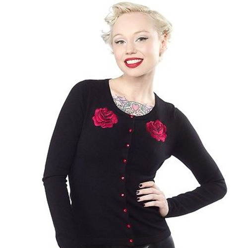 SOURPUSS DARK ROSE RED FLOWER TATTOO RETRO 50s PUNK PINUP CARDIGAN SWEATER S-XXL