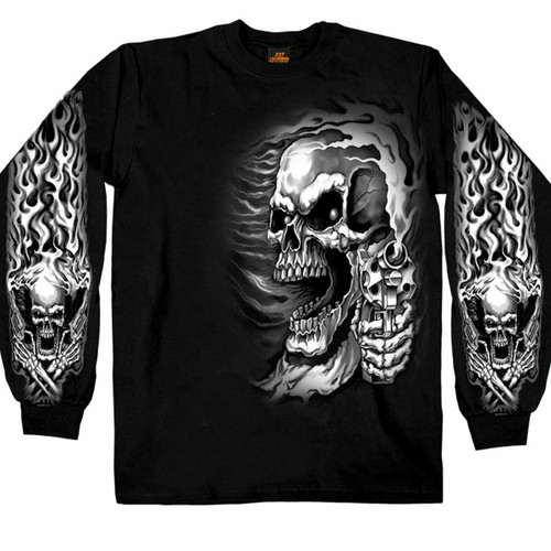 Five Skulls Biker Motorcycle Tattoos Punk Gothic Long Sleeve