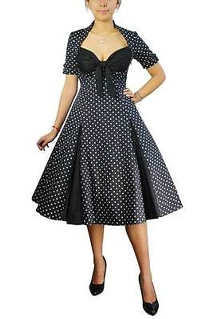 BLACK WHITE POLKA DOT BELTED PLEAT DRESS WITH BOW RETRO VINTAGE