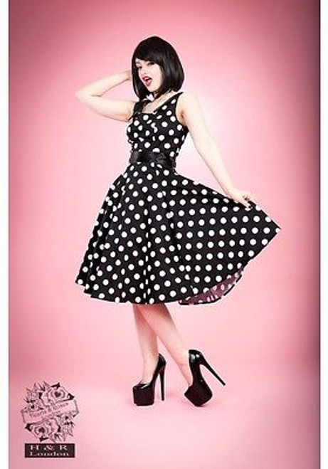 H&R LONDON BLACK BIG WHITE DOT COCKTAIL TIED 50s PUNK VINTAGE PROM DRESS