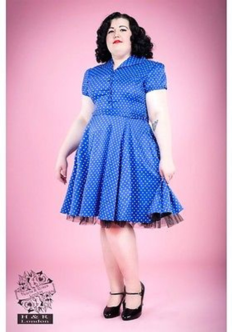 H&R LONDON POLKA DOT SWING 50'S BLUE VINTAGE PLUS+ PROM PARTY DRESS 14-22