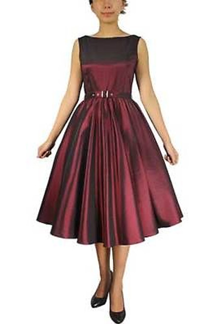 BURGUNDY SLEEVELESS BELTED DRESS LADY RETRO VINTAGE PROM 50s STYLE PINUP