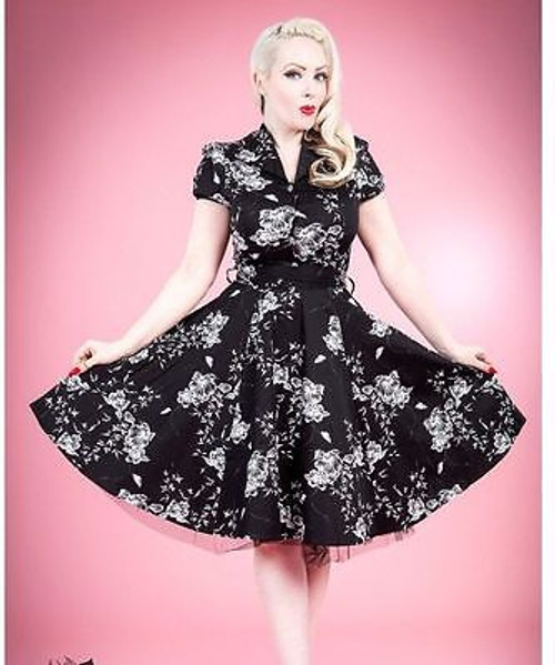 H&R LONDON BLACK WHITE FLOWERS ROCKABILLY CLUB FUN 50s PUNK VINTAGE PROM DRESS