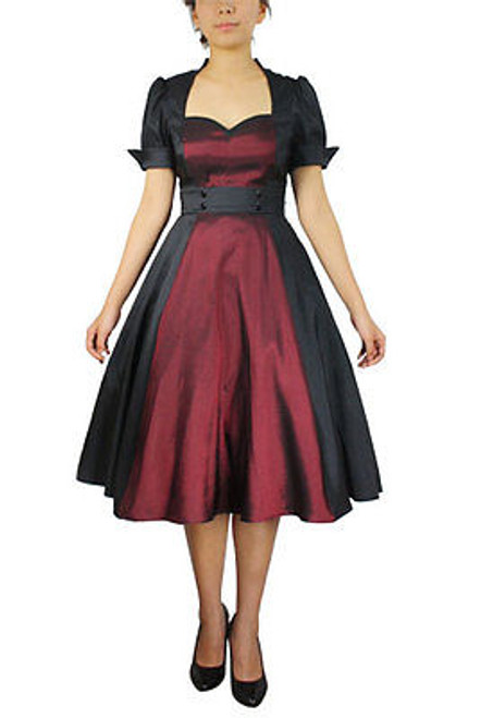 CONTRAST SWING DRESS BLACK BURGUNDY GOTHIC BOW VICTORIAN STEAMPUNK VINTAGE