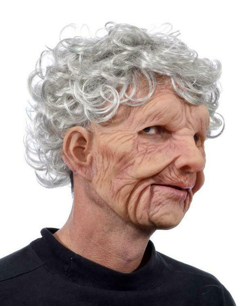 Old Lady Mask with Hair, Beige/Grey, One Size, Wearable Costume Accessory  for Halloween