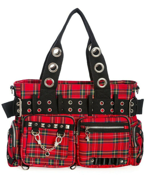 Lost Queen Handcuff Tartan Plaid Grommets Studded Punk Handbag Purse BG34257RED Lost Queen Handcuff Tartan Plaid Grommets Studded Punk Handbag Purse BG34257RED