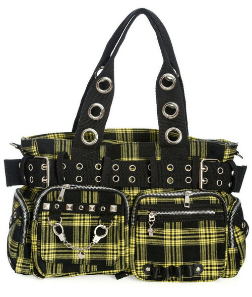 Lost Queen Handcuff Tartan Plaid Grommets Studded Punk Handbag Purse BG34257YLW Lost Queen Handcuff Tartan Plaid Grommets Studded Punk Handbag Purse BG34257YLW