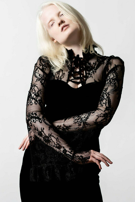 Killstar Poison Fang Velvet Gothic Lace Witchy Long Bell Sleeve Top  KSRA004453 - Fearless Apparel