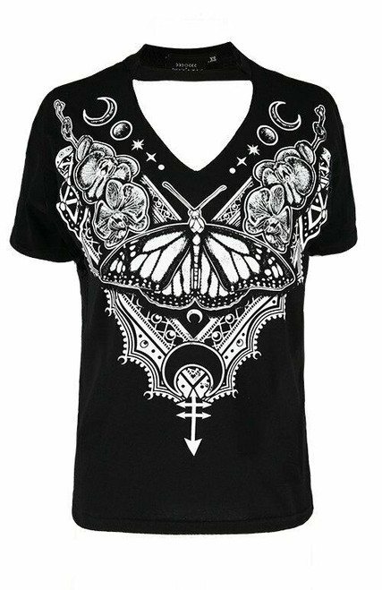 Restyle Black Gothic Women With Choker Witch Henna Butterfly V-Neck Shirt Top Restyle Black Gothic Women With Choker Witch Henna Butterfly V-Neck Shirt Top