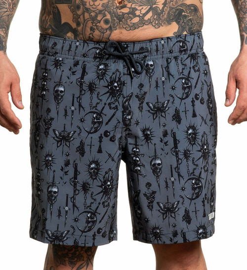 Sullen Art Collective Spiked 18" Elastic Waist Medieval Dark Boardshorts SCM4643 Sullen Art Collective Spiked 18" Elastic Waist Medieval Dark Boardshorts SCM4643