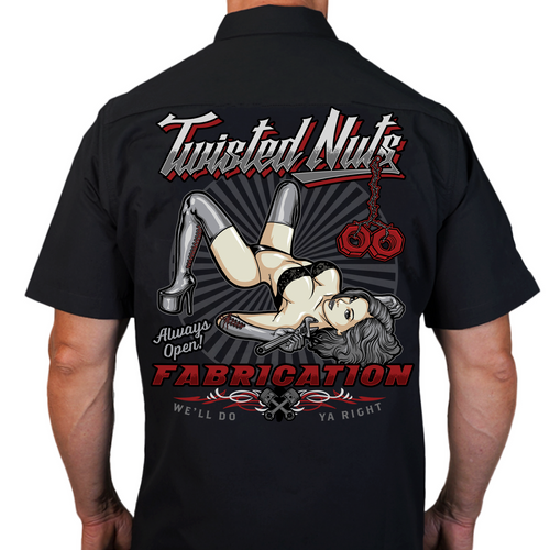 Lethal Threat Twisted Nuts Pin Up Girl Fabrication Screen Printed Work Shirt Lethal Threat Twisted Nuts Pin Up Girl Fabrication Screen Printed Work Shirt