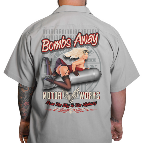 Lethal Threat Red Bomber Motor Works Pinup Printed Retro Artwork Work Shirt Lethal Threat Red Bomber Motor Works Pinup Printed Retro Artwork Work Shirt