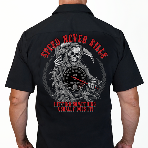Lethal Threat Speed Never Kills Grim Reaper Motorcycle Biker Mens Work Shirt Lethal Threat Speed Never Kills Grim Reaper Motorcycle Biker Mens Work Shirt