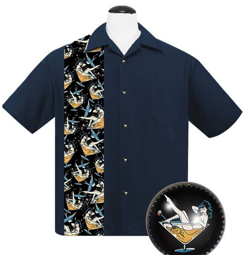 Steady Clothing All-Over Martini Girl Blue Rockabilly 50's Bowling Shirt ST35474 Steady Clothing All-Over Martini Girl Blue Rockabilly 50's Bowling Shirt ST35474