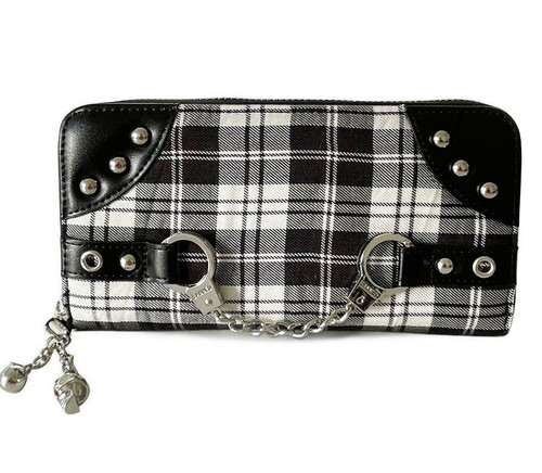 Lost Queen Tartan Plaid Handcuff Charm Studded Punk Clutch Wallet WBN1427-BLK/WH Lost Queen Tartan Plaid Handcuff Charm Studded Punk Clutch Wallet WBN1427-BLK/WH