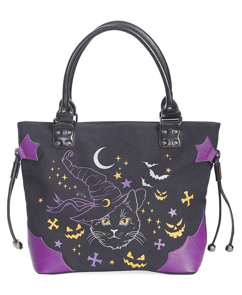 Lost Queen Halloween Witch Cat Moon Jack-O-Lantern Handbag Tote BG34319-BLK Lost Queen Halloween Witch Cat Moon Jack-O-Lantern Handbag Tote BG34319-BLK