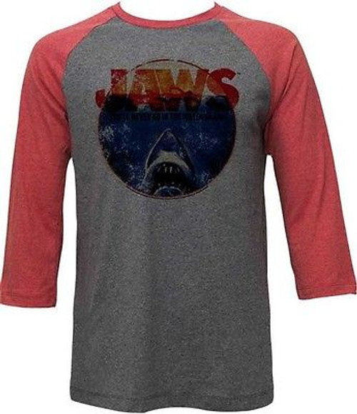 AUTHENTIC JAWS OMG AGAIN RUSTY RED RAGLAN SHARK MOVIE SHIRT S M L XL 2XL AUTHENTIC JAWS OMG AGAIN RUSTY RED RAGLAN SHARK MOVIE SHIRT S M L XL 2XL