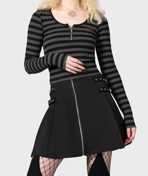 Killstar Izora Ribbed Woman's Top Grey Stripe Punk Zipper