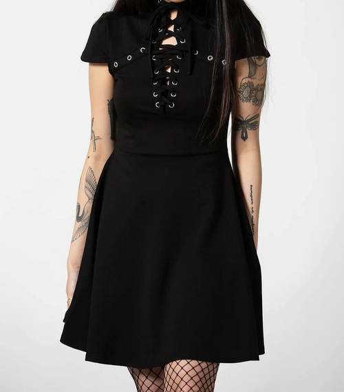 Killstar Tied Up Skater Dress Black Metal Detail Gothic Alternative KSRA004918 Killstar Tied Up Skater Dress Black Metal Detail Gothic Alternative KSRA004918