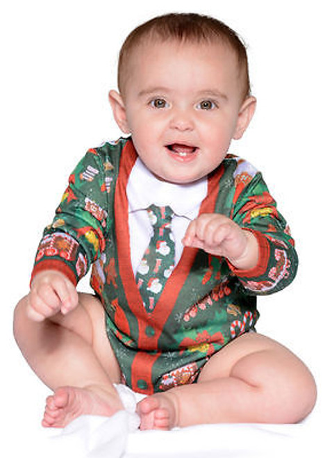 FAUX REAL UGLY CHRISTMAS SWEATER CARDIGAN INFANT SANTA HOLIDAY XMAS L/S ROMPER