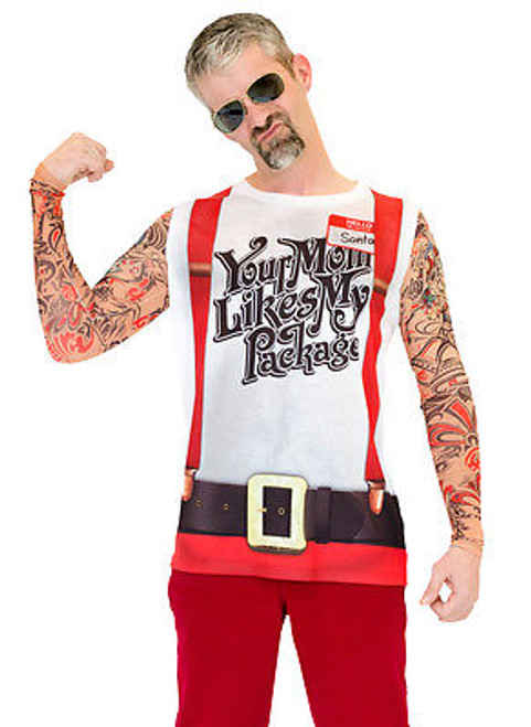 FAUX REAL CHRISTMAS TATTOO SUSPENDER SANTA XMAS HOLIDAY MENS LONG SLEEVE SHIRT FAUX REAL CHRISTMAS TATTOO SUSPENDER SANTA XMAS HOLIDAY MENS LONG SLEEVE SHIRT