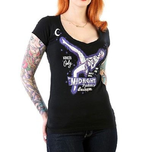WOMENS LUCKY 13 MIDNIGHT PALACE BURLESQUE TATTOO PUNK GOTH V NECK SHIRT S-2XL WOMENS LUCKY 13 MIDNIGHT PALACE BURLESQUE TATTOO PUNK GOTH V NECK SHIRT S-2XL