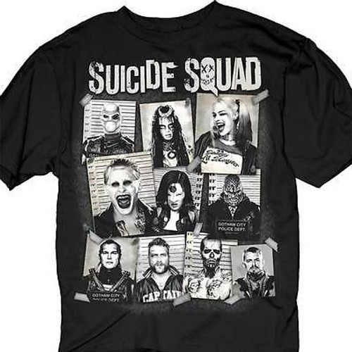 SUICIDE SQUAD GROUP CORK BOARD MUGSHOT JOKER HARLEY QUINN MOVIE T SHIRT S-3XL SUICIDE SQUAD GROUP CORK BOARD MUGSHOT JOKER HARLEY QUINN MOVIE T SHIRT S-3XL