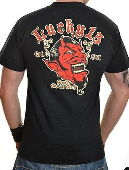 Lucky 13 Grease Gas Glory Red Laughing Devil Punk Goth Tattoo T Shirt S-4Xl Lucky 13 Grease Gas Glory Red Laughing Devil Punk Goth Tattoo T Shirt S-4Xl
