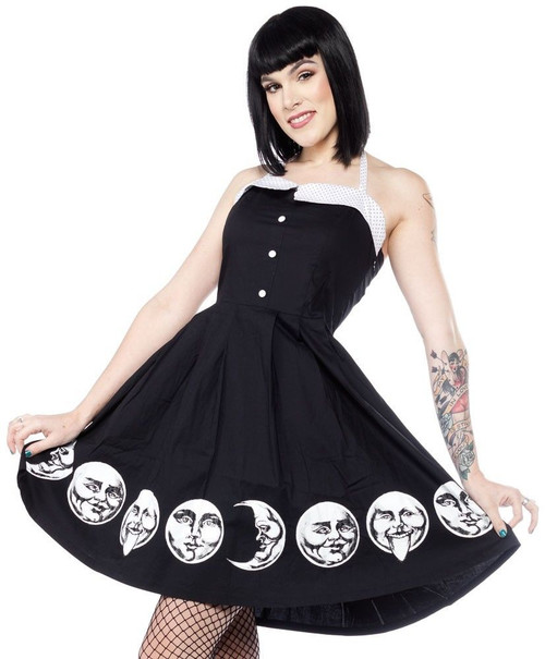 Sourpuss Spooksville Moon Faces Punk Tattoo Emo Goth Rocker Dress SPDR291 Sourpuss Spooksville Moon Faces Punk Tattoo Emo Goth Rocker Dress SPDR291